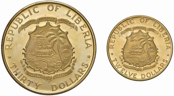 LIBERIA. REPUBBLICA (DAL 1847). DUE MONETE IN ORO 900 (30 E 12 DOLLARI 1965) PER IL 70º COMPLEANNO DEL PRESIDENTE TUBMAN  - Asta MEDAGLIE DI VENEZIA. MONETE E MEDAGLIE IN ORO ESTERE - Associazione Nazionale - Case d'Asta italiane