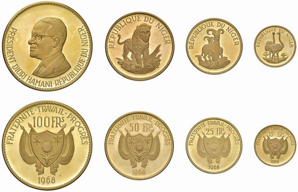 NIGERIA. REPUBBLICA. SERIE COMPLETA DI QUATTRO VALORI IN ORO 900 (100, 50, 25, 20 E 10 FRANCHI 1961) IN ASTUCCIO ORIGINALE E CERTIFICATO DI EMISSIONE N. 23  - Asta MEDAGLIE DI VENEZIA. MONETE E MEDAGLIE IN ORO ESTERE - Associazione Nazionale - Case d'Asta italiane