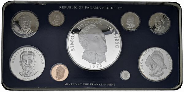PANAMA. REPUBBLICA. ZECCA DI FRANKLIN. SERIE COMPLETA DI OTTO VALORI IN ARGENTO E UNO IN RAME (URRACA) 1976 IN ASTUCCIO ORIGINALE E CERTIFICATO DI EMISSIONE  - Asta MEDAGLIE DI VENEZIA. MONETE E MEDAGLIE IN ORO ESTERE - Associazione Nazionale - Case d'Asta italiane