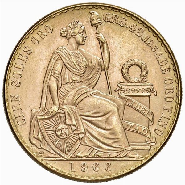 <br>PERÙ. 100 SOLES 1966<br>Au gr. 46,80. <br>FDC MS<br> <br> <br>  - Asta MEDAGLIE DI VENEZIA. MONETE E MEDAGLIE IN ORO ESTERE - Associazione Nazionale - Case d'Asta italiane