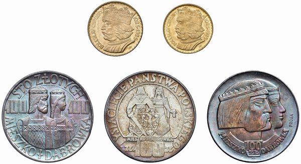 POLONIA. REPUBBLICA POPOLARE (1952-1989). SET DI CINQUE MONETE 1966 (20 E 10 ZLOTY IN ORO; TRE ESEMPLARI DA 100 ZLOTY IN ARGENTO) IN ASTUCCIO ORIGINALE. PRESENTI TRA GLI ARGENTI DUE ESEMPLARI “PROVA” CON BELLA PATINA IRIDESCENTE  - Asta MEDAGLIE DI VENEZIA. MONETE E MEDAGLIE IN ORO ESTERE - Associazione Nazionale - Case d'Asta italiane