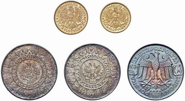 POLONIA. REPUBBLICA POPOLARE (1952-1989). SET DI CINQUE MONETE 1966 (20 E 10 ZLOTY IN ORO; TRE ESEMPLARI DA 100 ZLOTY IN ARGENTO) IN ASTUCCIO ORIGINALE. PRESENTI TRA GLI ARGENTI DUE ESEMPLARI “PROVA” CON BELLA PATINA IRIDESCENTE  - Asta MEDAGLIE DI VENEZIA. MONETE E MEDAGLIE IN ORO ESTERE - Associazione Nazionale - Case d'Asta italiane