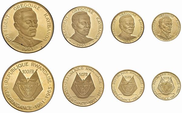 RUANDA. REPUBBLICA (DAL 1962). SERIE COMPLETA DI QUATTRO VALORI IN ORO 900 (100, 50, 25, 20 E 10 FRANCHI 1961) IN ASTUCCIO ORIGINALE E CERTIFICATO DI EMISSIONE  - Asta MEDAGLIE DI VENEZIA. MONETE E MEDAGLIE IN ORO ESTERE - Associazione Nazionale - Case d'Asta italiane