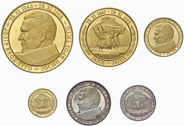 YUGOSLAVIA. REPUBBLICA FEDERALE SOCIALISTA (1943-1992). SET COMPLETO DI SEI MONETE A CORSO LEGALE (DINARI 1.000, 500, 200, 100, 50, 20) EMESSO IN OCCASIONE DEL 25&deg; ANNIVERSARIO DELLA FONDAZIONE DELLA REPUBBLICA FEDERALE SOCIALISTA. IN ASTUCCIO ORIGINALE E CERTIFICATO DI EMISSIONE N. 611  - Asta MEDAGLIE DI VENEZIA. MONETE E MEDAGLIE IN ORO ESTERE - Associazione Nazionale - Case d'Asta italiane