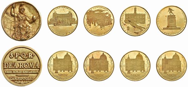 CINQUE MEDAGLIE IN ORO 750 PER IL CENTENARIO DI ROMA CAPITALE (1870-1970) OPUS CATTANEO. IN ASTUCCIO ORIGINALE E CERTIFICATO DI EMISSIONE  - Asta MEDAGLIE DI VENEZIA. MONETE E MEDAGLIE IN ORO ESTERE - Associazione Nazionale - Case d'Asta italiane