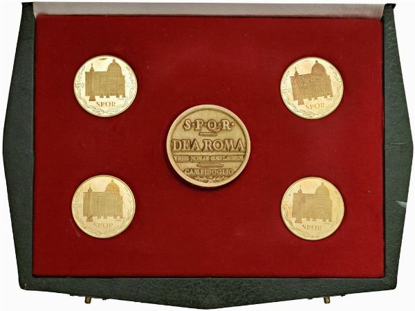 CINQUE MEDAGLIE IN ORO 750 PER IL CENTENARIO DI ROMA CAPITALE (1870-1970) OPUS CATTANEO. IN ASTUCCIO ORIGINALE E CERTIFICATO DI EMISSIONE  - Asta MEDAGLIE DI VENEZIA. MONETE E MEDAGLIE IN ORO ESTERE - Associazione Nazionale - Case d'Asta italiane