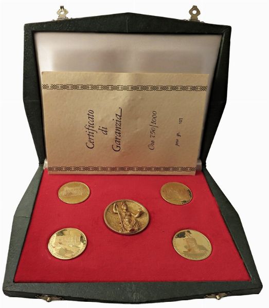 CINQUE MEDAGLIE IN ORO 750 PER IL CENTENARIO DI ROMA CAPITALE (1870-1970) OPUS CATTANEO. IN ASTUCCIO ORIGINALE E CERTIFICATO DI EMISSIONE  - Asta MEDAGLIE DI VENEZIA. MONETE E MEDAGLIE IN ORO ESTERE - Associazione Nazionale - Case d'Asta italiane