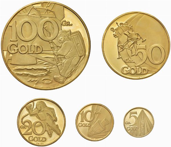 CINQUE MEDAGLIE IN ORO 900 DELLA SERIE “EARTH-MOON-EARTH” 1969 IN ASTUCCIO ORIGINALE  - Asta MEDAGLIE DI VENEZIA. MONETE E MEDAGLIE IN ORO ESTERE - Associazione Nazionale - Case d'Asta italiane