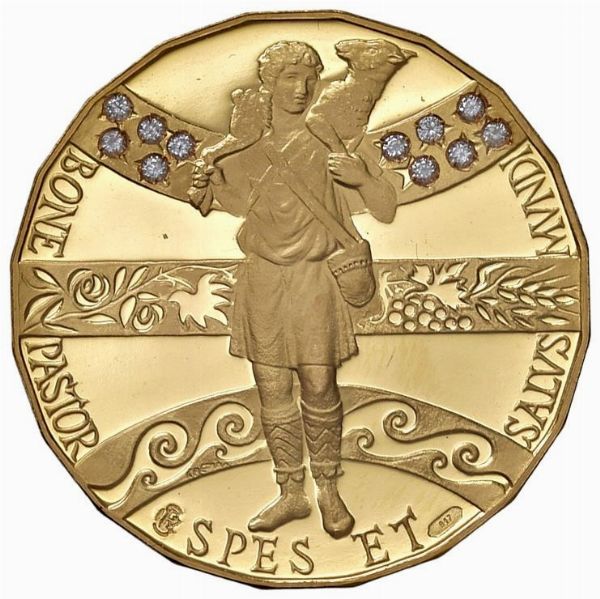 MEDAGLIA IN ORO 917 “GIUBILEO-ANNO SANTO 2000” PER L’ISTITUTO POLIGRAFICO E ZECCA DELLO STATO IN CUSTODIA ORIGINALE DI EMISSIONE E CERTIFICATO DI GARANZIA. LA MEDAGLIA È CORREDATA DA 11 DIAMANTI (CARATURA 0,10) CON CERTIFICATO DI GARANZIA.  - Asta MEDAGLIE DI VENEZIA. MONETE E MEDAGLIE IN ORO ESTERE - Associazione Nazionale - Case d'Asta italiane