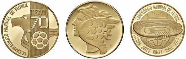 TRE MEDAGLIE IN ORO 900 COMMEMORATIVE DEI CAMPIONATI DI CALCIO DEL 1962, 1966 E 1970  - Asta MEDAGLIE DI VENEZIA. MONETE E MEDAGLIE IN ORO ESTERE - Associazione Nazionale - Case d'Asta italiane
