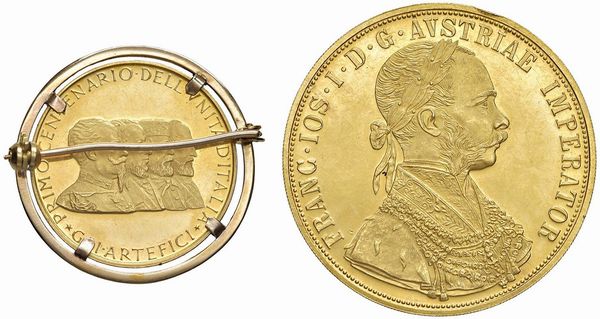 MEDAGLIA IN ORO 900 DEL PRIMO CENTENARIO DELL’UNITÀ D’ITALIA CON MONTATURA A SPILLA IN ORO (GR. 13,39) E RICONIO IN ORO DELLA MONETA DA 4 DUCATI 1915 (GR. 14,00)  - Asta MEDAGLIE DI VENEZIA. MONETE E MEDAGLIE IN ORO ESTERE - Associazione Nazionale - Case d'Asta italiane