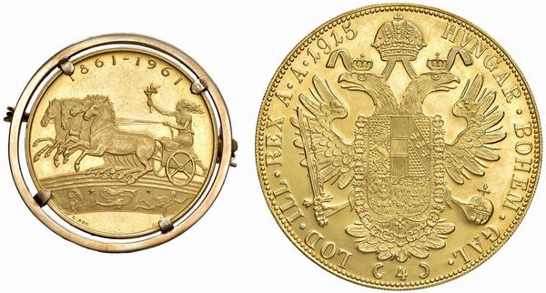 MEDAGLIA IN ORO 900 DEL PRIMO CENTENARIO DELL’UNITÀ D’ITALIA CON MONTATURA A SPILLA IN ORO (GR. 13,39) E RICONIO IN ORO DELLA MONETA DA 4 DUCATI 1915 (GR. 14,00)  - Asta MEDAGLIE DI VENEZIA. MONETE E MEDAGLIE IN ORO ESTERE - Associazione Nazionale - Case d'Asta italiane