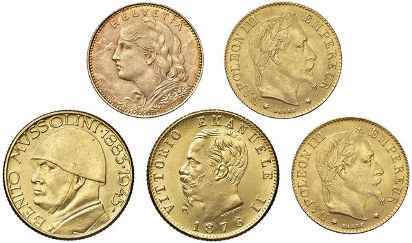 VARI STATI. TRE MONETE DA 10 FRANCHI E DUE RIPRODUZIONI IN ORO DA 20 LIRE  - Asta MEDAGLIE DI VENEZIA. MONETE E MEDAGLIE IN ORO ESTERE - Associazione Nazionale - Case d'Asta italiane