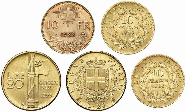 VARI STATI. TRE MONETE DA 10 FRANCHI E DUE RIPRODUZIONI IN ORO DA 20 LIRE  - Asta MEDAGLIE DI VENEZIA. MONETE E MEDAGLIE IN ORO ESTERE - Associazione Nazionale - Case d'Asta italiane