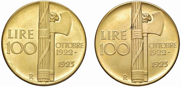 SAVOIA. VITTORIO EMANUELE III (1900-1946). DUE RIPRODUZIONI IN ORO DELLE 100 LIRE FASCIO  - Asta MEDAGLIE DI VENEZIA. MONETE E MEDAGLIE IN ORO ESTERE - Associazione Nazionale - Case d'Asta italiane