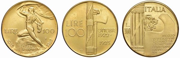 SAVOIA. TRE RIPRODUZIONI DELLE 100 LIRE  - Asta MEDAGLIE DI VENEZIA. MONETE E MEDAGLIE IN ORO ESTERE - Associazione Nazionale - Case d'Asta italiane