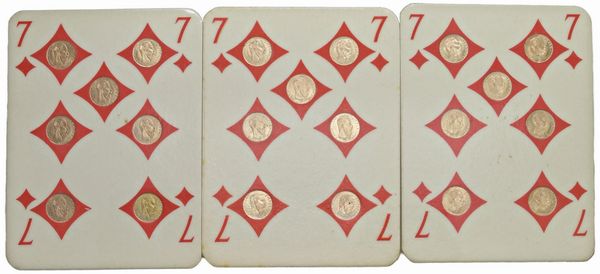 TRE CARTE DELLA SERIE “SETTEBELLO” COMPOSTE CIASCUNA DA 7 MEDAGLIE IN ORO  - Asta MEDAGLIE DI VENEZIA. MONETE E MEDAGLIE IN ORO ESTERE - Associazione Nazionale - Case d'Asta italiane
