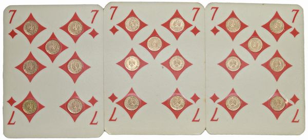 TRE CARTE DELLA SERIE “SETTEBELLO” COMPOSTE CIASCUNA DA 7 MEDAGLIE IN ORO  - Asta MEDAGLIE DI VENEZIA. MONETE E MEDAGLIE IN ORO ESTERE - Associazione Nazionale - Case d'Asta italiane