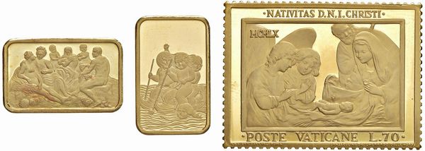 DUE LINGOTTI IN ORO PURO (GR. 10,00) E UN FRANCOBOLLO COMMEMORATIVO IN ORO 900 DELLE POSTE ITALIANE (GR. 20,00)  - Asta MEDAGLIE DI VENEZIA. MONETE E MEDAGLIE IN ORO ESTERE - Associazione Nazionale - Case d'Asta italiane