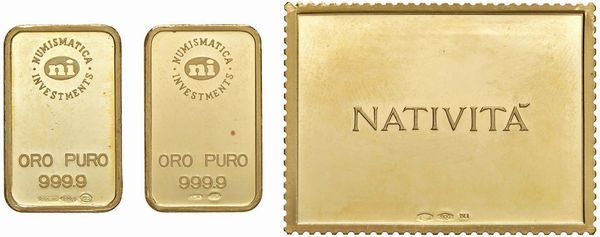 DUE LINGOTTI IN ORO PURO (GR. 10,00) E UN FRANCOBOLLO COMMEMORATIVO IN ORO 900 DELLE POSTE ITALIANE (GR. 20,00)  - Asta MEDAGLIE DI VENEZIA. MONETE E MEDAGLIE IN ORO ESTERE - Associazione Nazionale - Case d'Asta italiane