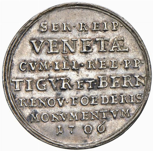 PIETRO GRIMANI (1741-1752) CXV DOGE. MEDAGLIA CELEBRATIVA DELL’ALLEANZA FRA VENEZIA E LE REPUBBLICHE DI ZURIGO E BERNA CONIATA NELLA ZECCA DI ZURIGO NEL 1706 OPUS HANS JAKOB GESSNER  - Asta MEDAGLIE DI VENEZIA. MONETE E MEDAGLIE IN ORO ESTERE - Associazione Nazionale - Case d'Asta italiane