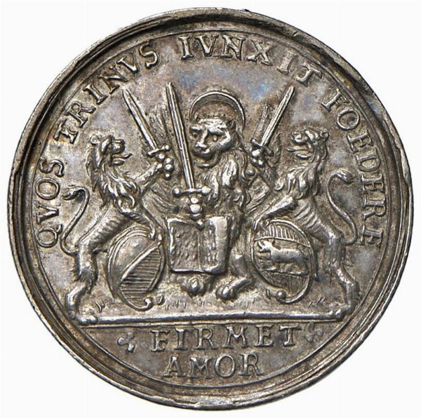 PIETRO GRIMANI (1741-1752) CXV DOGE. MEDAGLIA CELEBRATIVA DELL’ALLEANZA FRA VENEZIA E LE REPUBBLICHE DI ZURIGO E BERNA CONIATA NELLA ZECCA DI ZURIGO NEL 1706 OPUS HANS JAKOB GESSNER  - Asta MEDAGLIE DI VENEZIA. MONETE E MEDAGLIE IN ORO ESTERE - Associazione Nazionale - Case d'Asta italiane
