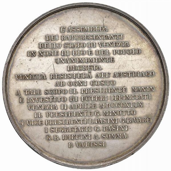 GOVERNO PROVVISORIO DI VENEZIA (1848-1849). MEDAGLIA 1848 CHE COMMEMORA LA RESISTENZA ALL’AUSTRIA OPUS FABRIS  - Asta MEDAGLIE DI VENEZIA. MONETE E MEDAGLIE IN ORO ESTERE - Associazione Nazionale - Case d'Asta italiane