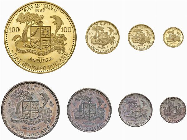 ANGUILLA. TERRITORIO BRITANNICO D’OLTREMARE DAL 1962. PROOF SET 1968 DI OTTO MONETE (100, 20, 10 E 5 DOLLARI IN ORO 900; 4, 2, 1 E ½ IN ARGENTO 1.000). IN ASTUCCIO ORIGINALE E CERTIFICATO DI EMISSIONE N. 81  - Asta MEDAGLIE DI VENEZIA. MONETE E MEDAGLIE IN ORO ESTERE - Associazione Nazionale - Case d'Asta italiane