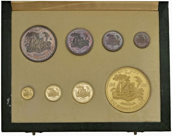 ANGUILLA. TERRITORIO BRITANNICO D’OLTREMARE DAL 1962. PROOF SET 1968 DI OTTO MONETE (100, 20, 10 E 5 DOLLARI IN ORO 900; 4, 2, 1 E ½ IN ARGENTO 1.000). IN ASTUCCIO ORIGINALE E CERTIFICATO DI EMISSIONE N. 81  - Asta MEDAGLIE DI VENEZIA. MONETE E MEDAGLIE IN ORO ESTERE - Associazione Nazionale - Case d'Asta italiane