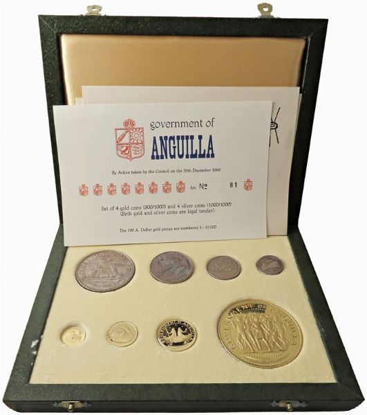 ANGUILLA. TERRITORIO BRITANNICO D’OLTREMARE DAL 1962. PROOF SET 1968 DI OTTO MONETE (100, 20, 10 E 5 DOLLARI IN ORO 900; 4, 2, 1 E ½ IN ARGENTO 1.000). IN ASTUCCIO ORIGINALE E CERTIFICATO DI EMISSIONE N. 81  - Asta MEDAGLIE DI VENEZIA. MONETE E MEDAGLIE IN ORO ESTERE - Associazione Nazionale - Case d'Asta italiane