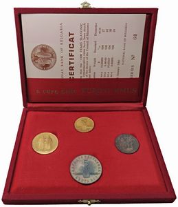 BULGARIA. REPUBBLICA (DAL 1944). ZECCA DI SOFIA. SET COMPLETO DI QUATTRO MONETE A CORSO LEGALE (20 E 10 LEVA IN ORO; 5 E 2 LEVA IN ARGENTO) EMESSO DALLA BANCA NAZIONALE DELLA BULGARIA IN OCCASIONE DEI 1100 ANNI DELL’ALFABETO SLAVONICO (863-1963). IN ASTUCCIO ORIGINALE E CERTIFICATO DI EMISSIONE N. 60  - Asta MEDAGLIE DI VENEZIA. MONETE E MEDAGLIE IN ORO ESTERE - Associazione Nazionale - Case d'Asta italiane
