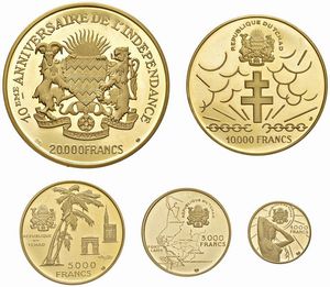 CIAD. REPUBBLICA (DAL 1960). IN OCCASIONE DEL X ANNIVERSARIO DELL&rsquo;INDIPENDENZA (1960-1970). SERIE COMPLETA DI CINQUE VALORI IN ORO 900 (20.000, 10.000, 5.000, 3.000 E 1.000 FRANCHI) IN ASTUCCIO ORIGINALE E CERTIFICATO DI EMISSIONE N. 598 (MINTAGE 4.000)  - Asta MEDAGLIE DI VENEZIA. MONETE E MEDAGLIE IN ORO ESTERE - Associazione Nazionale - Case d'Asta italiane