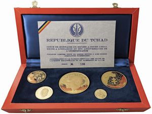 CIAD. REPUBBLICA (DAL 1960). IN OCCASIONE DEL X ANNIVERSARIO DELL&rsquo;INDIPENDENZA (1960-1970). SERIE COMPLETA DI CINQUE VALORI IN ORO 900 (20.000, 10.000, 5.000, 3.000 E 1.000 FRANCHI) IN ASTUCCIO ORIGINALE E CERTIFICATO DI EMISSIONE N. 598 (MINTAGE 4.000)  - Asta MEDAGLIE DI VENEZIA. MONETE E MEDAGLIE IN ORO ESTERE - Associazione Nazionale - Case d'Asta italiane