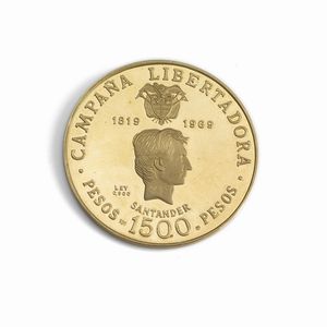 COLOMBIA. REPUBBLICA (DAL 1886). SERIE COMPLETA DI CINQUE VALORI IN ORO (1.500, 500, 300, 200, 100 PESOS 1969) IN ASTUCCIO ORIGINALE E CERTIFICATO DI EMISSIONE  - Asta MEDAGLIE DI VENEZIA. MONETE E MEDAGLIE IN ORO ESTERE - Associazione Nazionale - Case d'Asta italiane