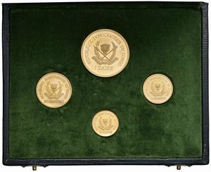 CONGO. REPUBBLICA (DAL 1860). SERIE COMPLETA DI QUATTRO VALORI IN ORO (1 ZÄIRE, 50 E 25 MAKUTAS, 10 GENGIS 1970) IN ASTUCCIO ORIGINALE E CERTIFICATO DI EMISSIONE N. 58  - Asta MEDAGLIE DI VENEZIA. MONETE E MEDAGLIE IN ORO ESTERE - Associazione Nazionale - Case d'Asta italiane