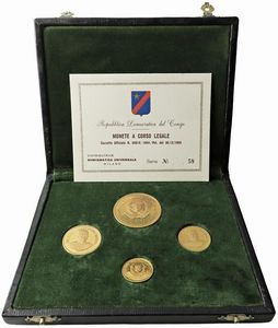 CONGO. REPUBBLICA (DAL 1860). SERIE COMPLETA DI QUATTRO VALORI IN ORO (1 ZÄIRE, 50 E 25 MAKUTAS, 10 GENGIS 1970) IN ASTUCCIO ORIGINALE E CERTIFICATO DI EMISSIONE N. 58  - Asta MEDAGLIE DI VENEZIA. MONETE E MEDAGLIE IN ORO ESTERE - Associazione Nazionale - Case d'Asta italiane