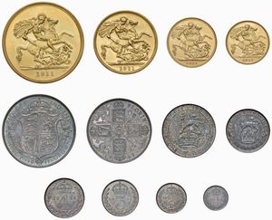 GRAN BRETAGNA. GIORGIO V (1910-1936). PROOF SET, LONDON MINT. CORONATION. 5 POUNDS (Au), 2 POUNDS (Au), SOVEREIGN (Au) E HALF SOVEREIGN (Au), HALF CROWN (Ar), FIORINO (Ar), SHILLING (Ar), SIXPENCE (Ar) E MAUNDY SET (Ar, 4 pz.). CON LA CUSTODIA ORIGINALE DI PRESENTAZIONE BORDEAUX E FREGI IN ORO  - Asta MEDAGLIE DI VENEZIA. MONETE E MEDAGLIE IN ORO ESTERE - Associazione Nazionale - Case d'Asta italiane