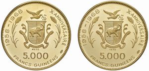 GUINEA. REPUBBLICA. DUE MONETE IN ORO 900 DA 5.000 FRANCHI 1970 CIASCUNA IN ASTUCCIO ORIGINALE E CERTIFICATO DI EMISSIONE  - Asta MEDAGLIE DI VENEZIA. MONETE E MEDAGLIE IN ORO ESTERE - Associazione Nazionale - Case d'Asta italiane