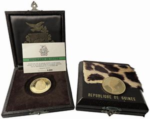 GUINEA. REPUBBLICA. DUE MONETE IN ORO 900 DA 5.000 FRANCHI 1970 CIASCUNA IN ASTUCCIO ORIGINALE E CERTIFICATO DI EMISSIONE  - Asta MEDAGLIE DI VENEZIA. MONETE E MEDAGLIE IN ORO ESTERE - Associazione Nazionale - Case d'Asta italiane