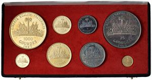 HAITI. REPUBBLICA (DAL 1804). SERIE COMPLETA DI OTTO VALORI (1.000, 200, 100, 50 E 20 GOURDES IN ORO; 25, 10 E 5 IN ARGENTO) 1967 IN ASTUCCIO ORIGINALE E CERTIFICATO DI EMISSIONE N. 159  - Asta MEDAGLIE DI VENEZIA. MONETE E MEDAGLIE IN ORO ESTERE - Associazione Nazionale - Case d'Asta italiane