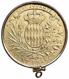 MONACO (PRINCIPATO DI). ALBERTO I (1889-1922). 100 FRANCHI 1891 CON MONTATURA  - Asta MEDAGLIE DI VENEZIA. MONETE E MEDAGLIE IN ORO ESTERE - Associazione Nazionale - Case d'Asta italiane
