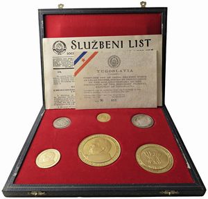 YUGOSLAVIA. REPUBBLICA FEDERALE SOCIALISTA (1943-1992). SET COMPLETO DI SEI MONETE A CORSO LEGALE (DINARI 1.000, 500, 200, 100, 50, 20) EMESSO IN OCCASIONE DEL 25&deg; ANNIVERSARIO DELLA FONDAZIONE DELLA REPUBBLICA FEDERALE SOCIALISTA. IN ASTUCCIO ORIGINALE E CERTIFICATO DI EMISSIONE N. 611  - Asta MEDAGLIE DI VENEZIA. MONETE E MEDAGLIE IN ORO ESTERE - Associazione Nazionale - Case d'Asta italiane