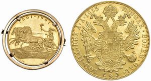 MEDAGLIA IN ORO 900 DEL PRIMO CENTENARIO DELL’UNITÀ D’ITALIA CON MONTATURA A SPILLA IN ORO (GR. 13,39) E RICONIO IN ORO DELLA MONETA DA 4 DUCATI 1915 (GR. 14,00)  - Asta MEDAGLIE DI VENEZIA. MONETE E MEDAGLIE IN ORO ESTERE - Associazione Nazionale - Case d'Asta italiane
