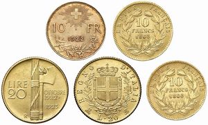 VARI STATI. TRE MONETE DA 10 FRANCHI E DUE RIPRODUZIONI IN ORO DA 20 LIRE  - Asta MEDAGLIE DI VENEZIA. MONETE E MEDAGLIE IN ORO ESTERE - Associazione Nazionale - Case d'Asta italiane
