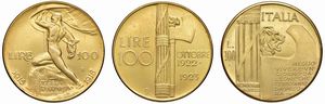 SAVOIA. TRE RIPRODUZIONI DELLE 100 LIRE  - Asta MEDAGLIE DI VENEZIA. MONETE E MEDAGLIE IN ORO ESTERE - Associazione Nazionale - Case d'Asta italiane