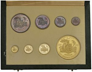 ANGUILLA. TERRITORIO BRITANNICO D’OLTREMARE DAL 1962. PROOF SET 1968 DI OTTO MONETE (100, 20, 10 E 5 DOLLARI IN ORO 900; 4, 2, 1 E ½ IN ARGENTO 1.000). IN ASTUCCIO ORIGINALE E CERTIFICATO DI EMISSIONE N. 81  - Asta MEDAGLIE DI VENEZIA. MONETE E MEDAGLIE IN ORO ESTERE - Associazione Nazionale - Case d'Asta italiane