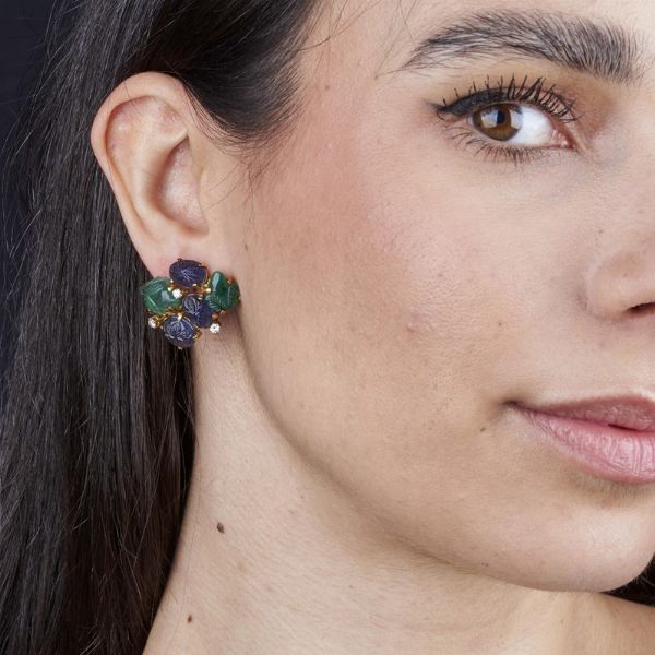 PAIO DI ORECCHINI A TRALCI CON PIETRE DI COLORE E DIAMANTI  - Asta Gioielli - Associazione Nazionale - Case d'Asta italiane