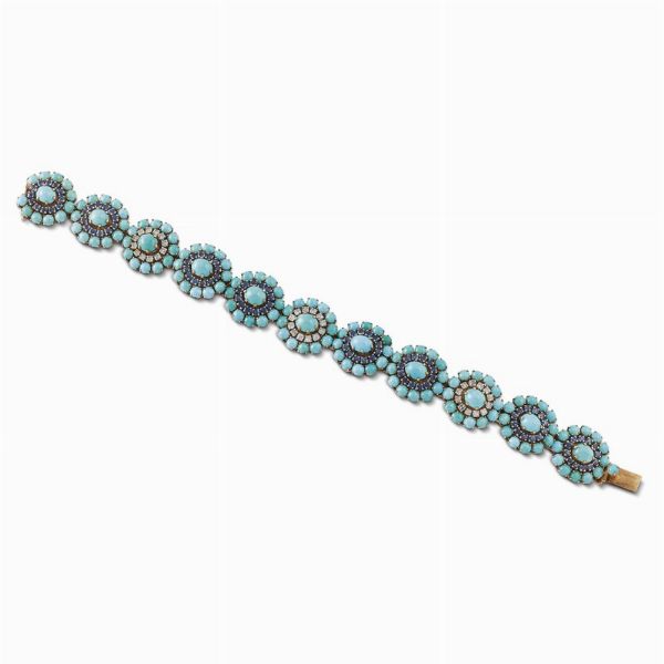 BRACCIALE FLOREALE CON TURCHESI ZAFFIRI E DIAMANTI  - Asta Gioielli - Associazione Nazionale - Case d'Asta italiane