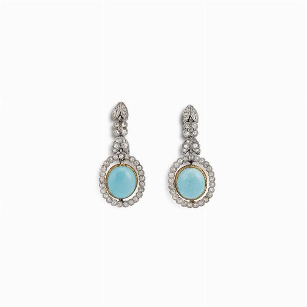 BUCCELLATI : BUCCELLATI PAIO DI ORECCHINI PENDENTI CON TURCHESI E DIAMANTI  - Asta Gioielli - Associazione Nazionale - Case d'Asta italiane