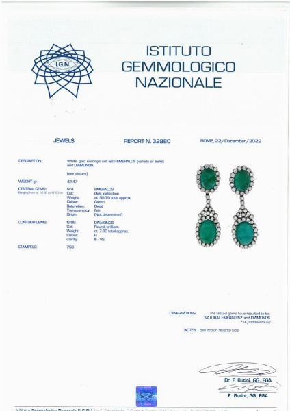 PAIO DI GRANDI ORECCHINI PENDENTI CON SMERALDI E DIAMANTI  - Asta Gioielli - Associazione Nazionale - Case d'Asta italiane